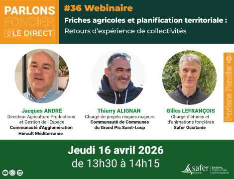 Webinaire Parlons foncier - le Direct - Affiche intervenants  Clément Murgue, Marie SEPCHAT et Thomas Roumagnac . Friches agricoles et planification territoriale : retours d’expérience de collectivités